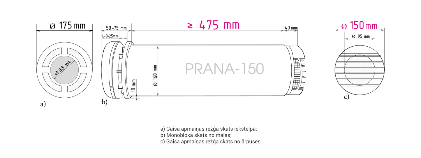 Rekuperatora Prana-150 izmēri 475mm