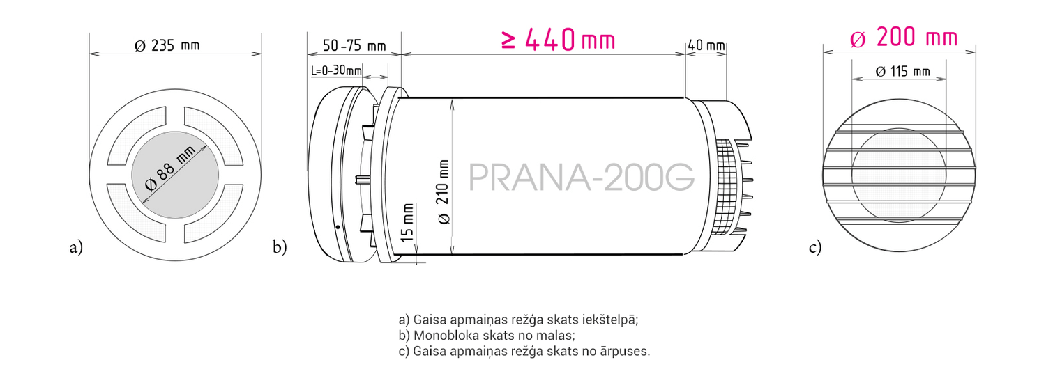 Rekuperators Prana-200G - izmēri