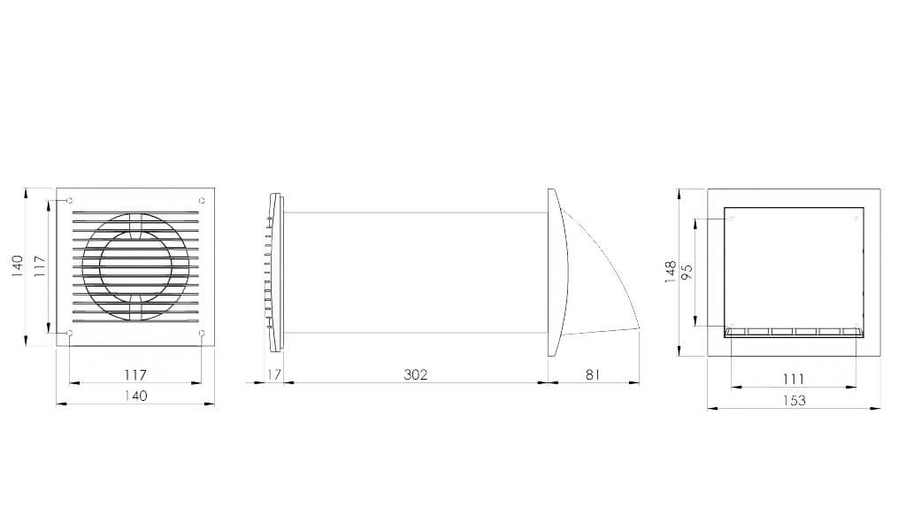 Europlast EER100WP heat recovery ventilator dimensions