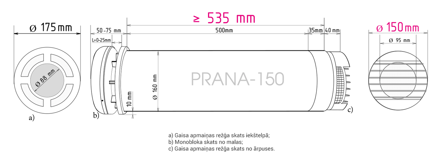 Rekuperatora Prana-150 izmēri 535mm